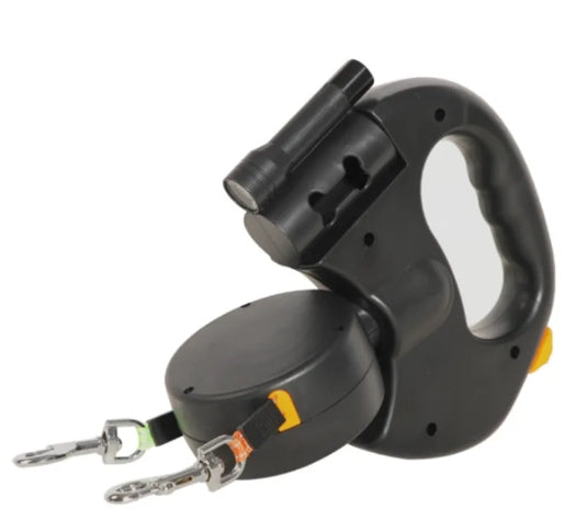 Black retractable dog leash with LED light and bungee design
