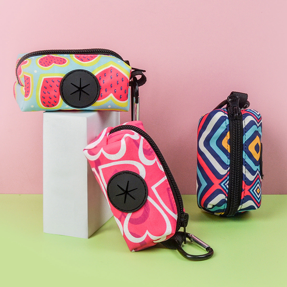 Portable dog poop bag dispenser in Hawaii black pattern