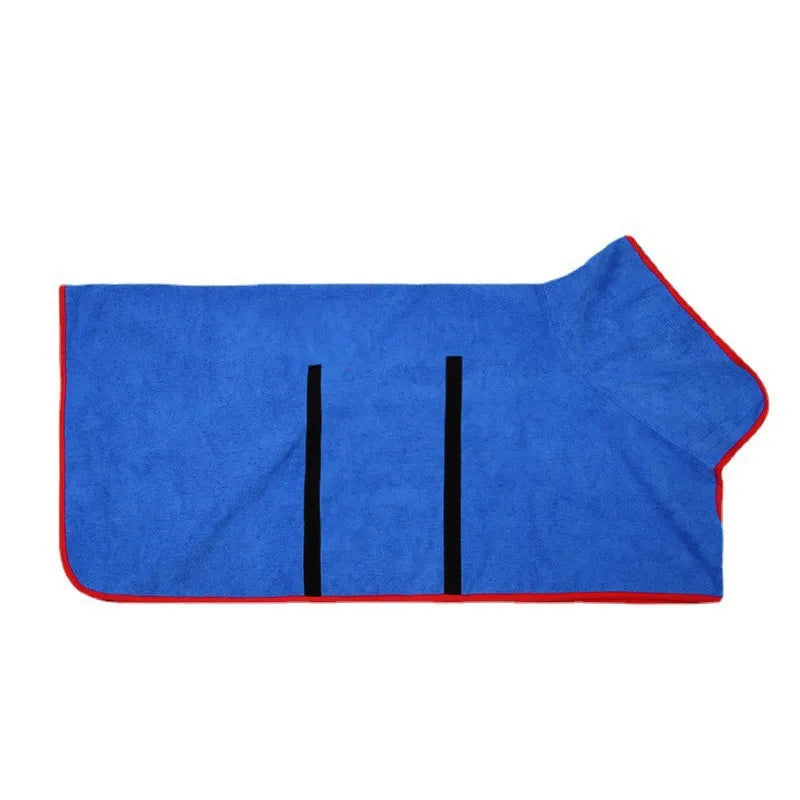 Blue microfibre dog drying robe wrapped around dog after bath