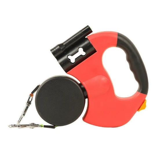 Red retractable dog leash with built-in safety light for night walks