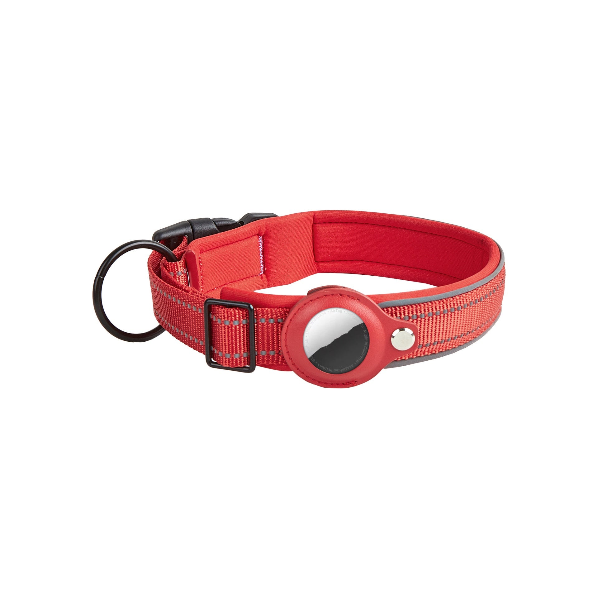 Orange AirTag collar showing leather case protecting Apple tracker