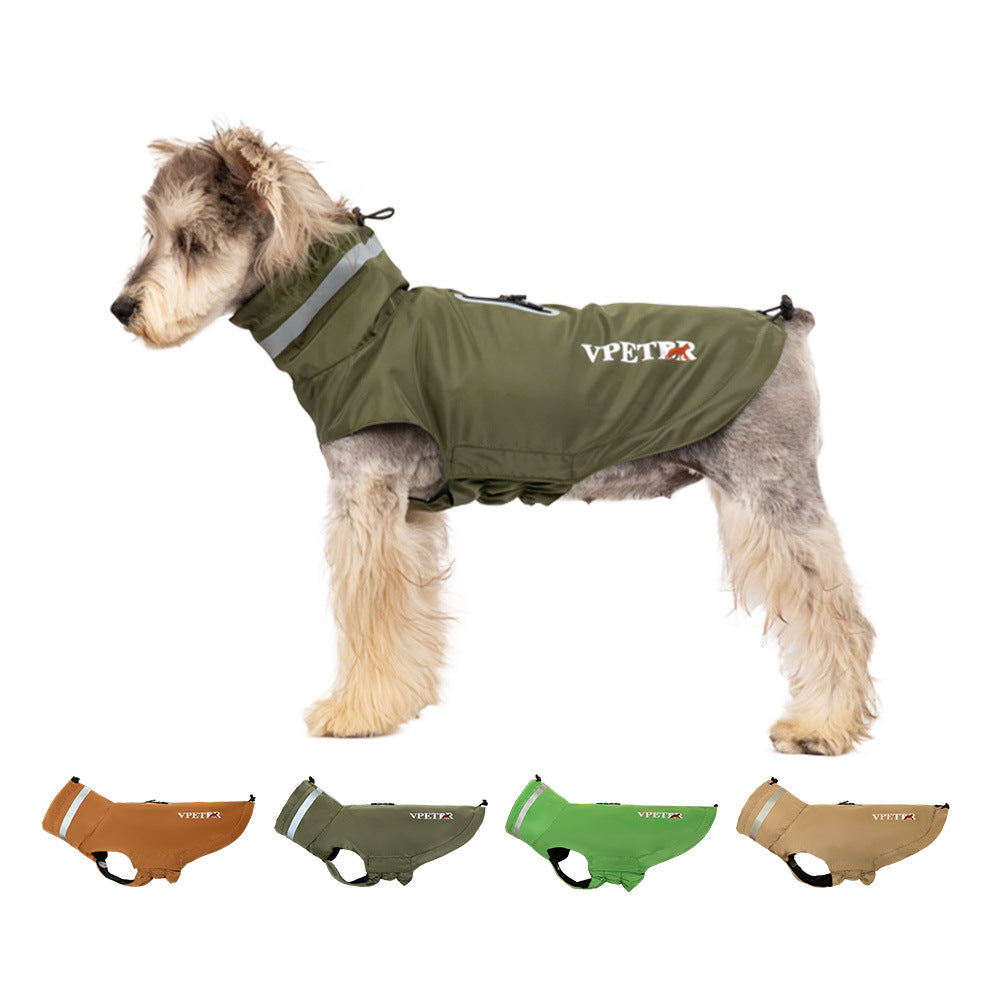 Reflective dog raincoat in evergreen color showing high-visibility design