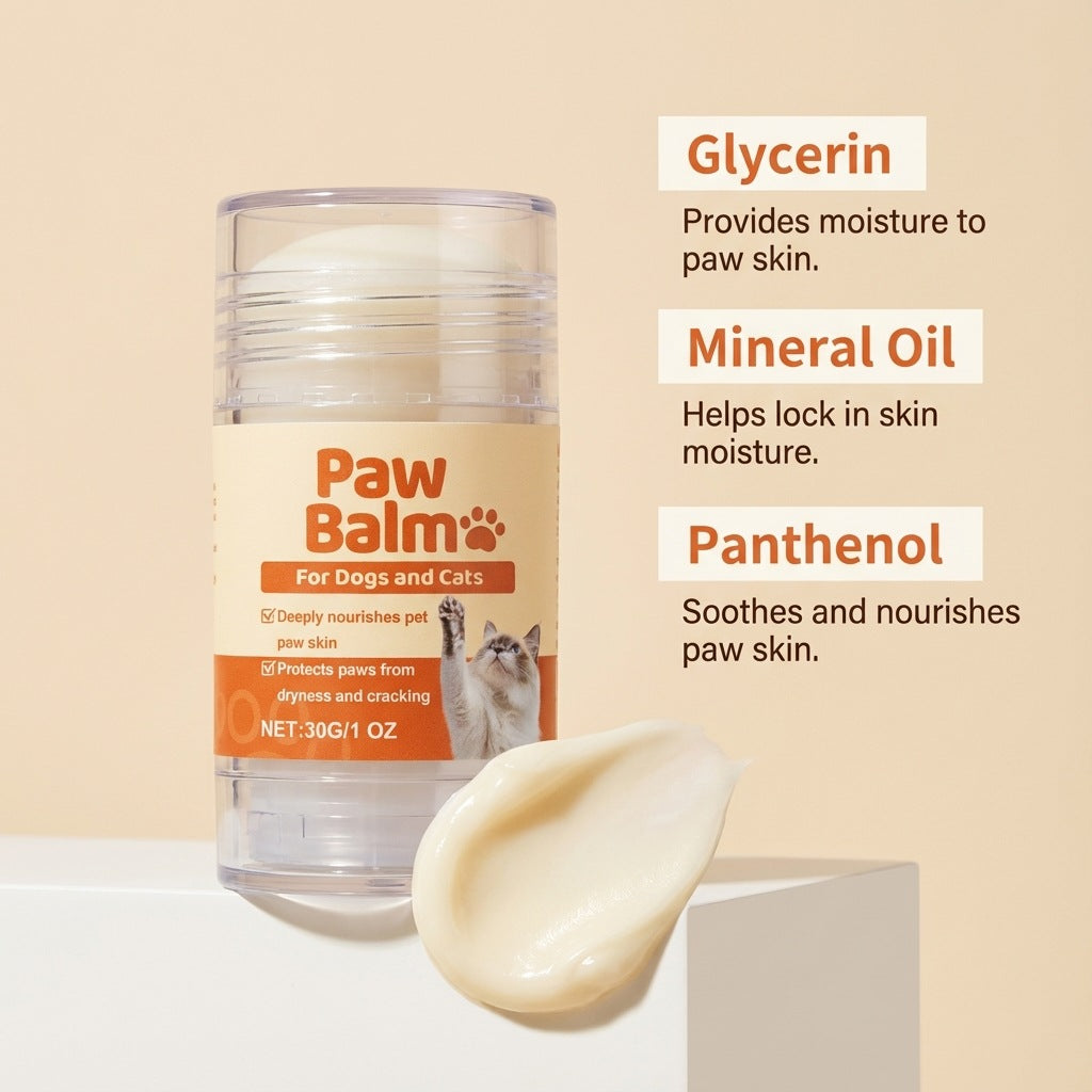 Dog paw balm tube showing glycerol and panthenol moisturizing formula