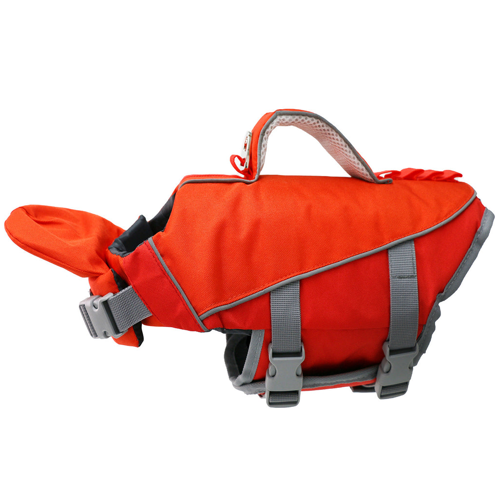 Dog life jacket laid flat showing grab handles and buckles