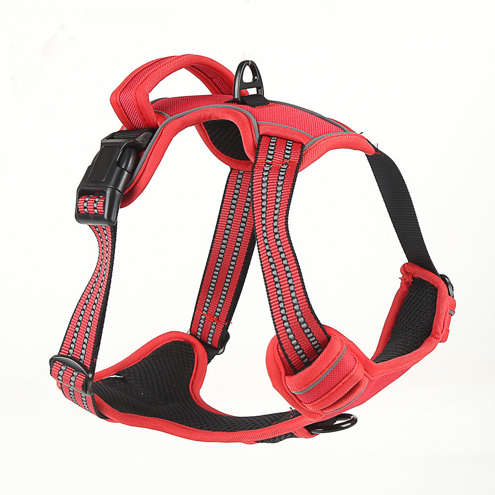 Reflective dog hiking harness laid flat showing all adjustment points