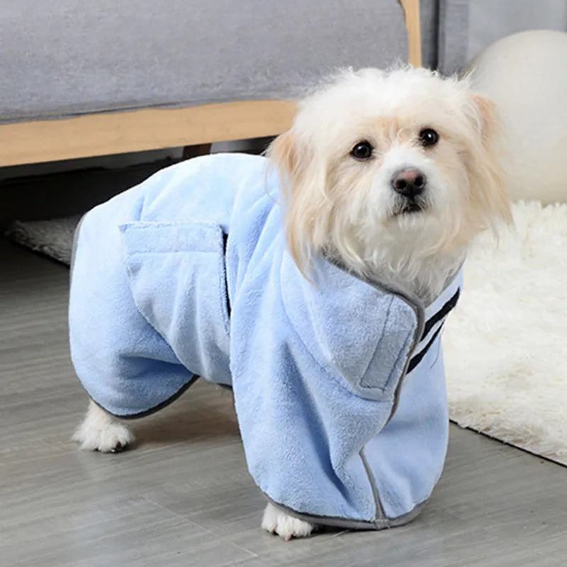 Sky blue dog drying robe showing absorbent microfibre fabric close-up
