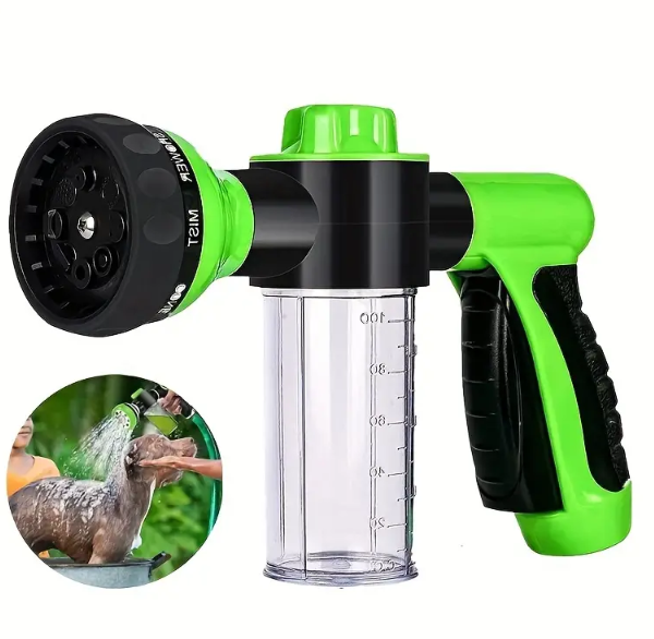 8-in-1 outdoor dog shower brush and sprayer system in green