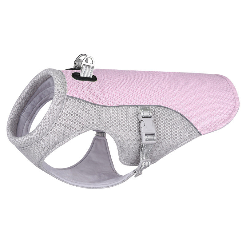 Pink dog summer cooling vest in size chart showing S through 3XL