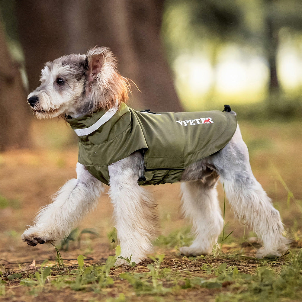 Olive green reflective dog rain poncho for wet weather trail adventures
