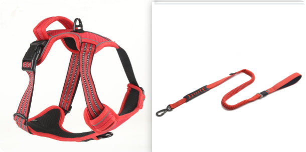 Red reflective dog harness with bungee leash attachment
