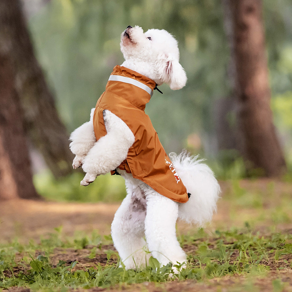 Khaki dog rain poncho laid flat showing sizes S through 3XL
