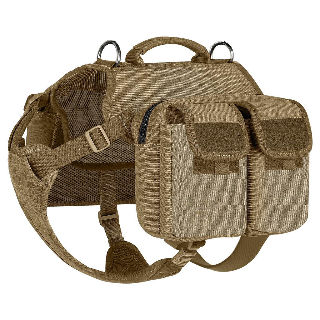 Dog being carried in lightweight trail backpack in army green