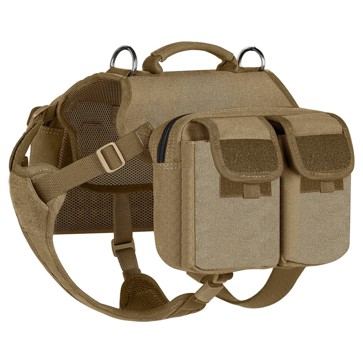 Dog being carried in lightweight trail backpack in army green
