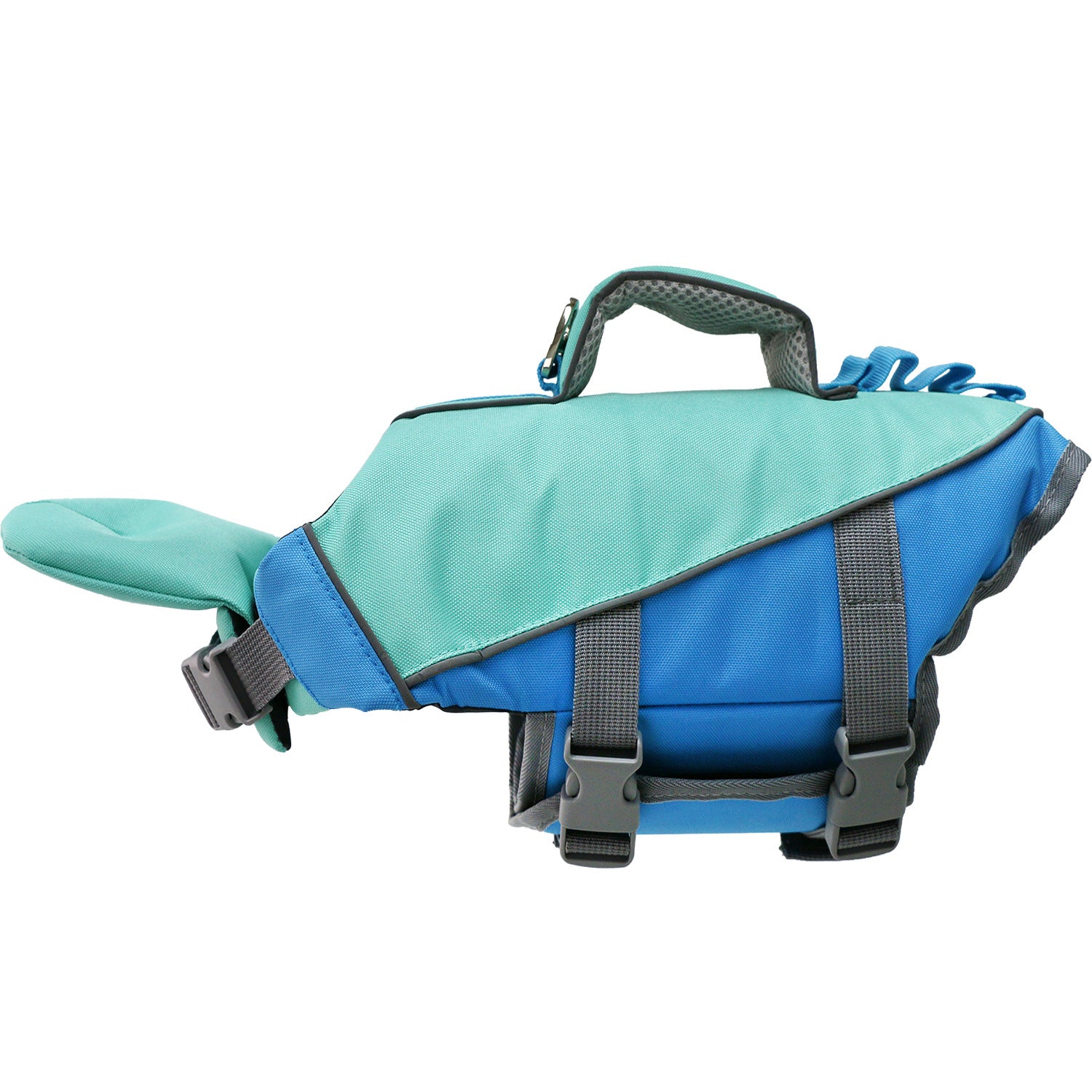 Yellow and blue dog flotation vest with high-visibility reflective design