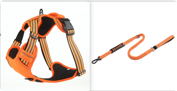 Orange reflective dog harness with bungee leash attachment