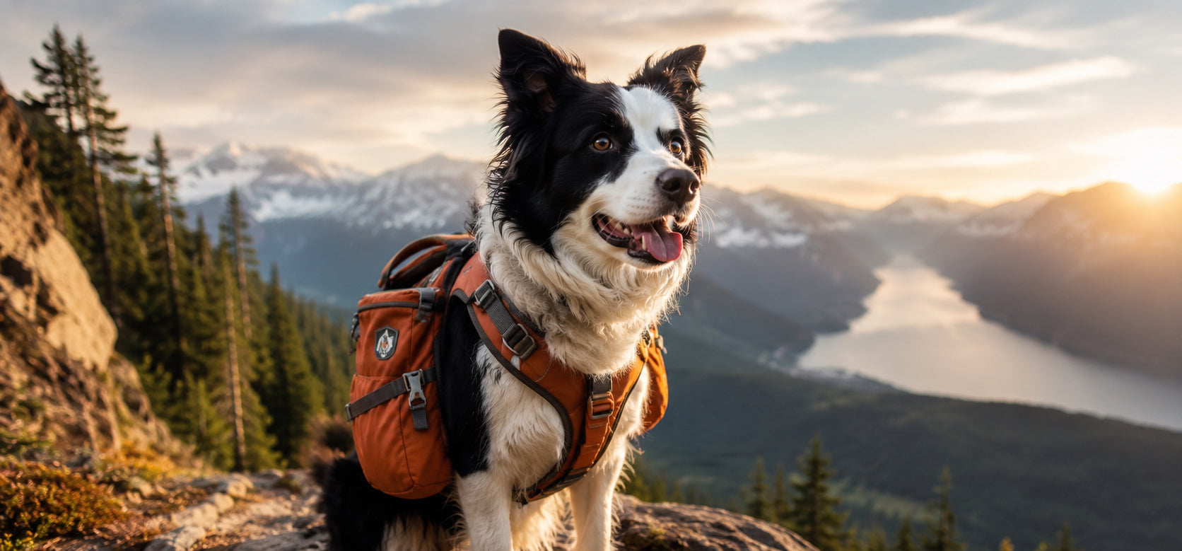 Dog with a backpack standing on a mountain trail with a scenic view of mountains and a lake.