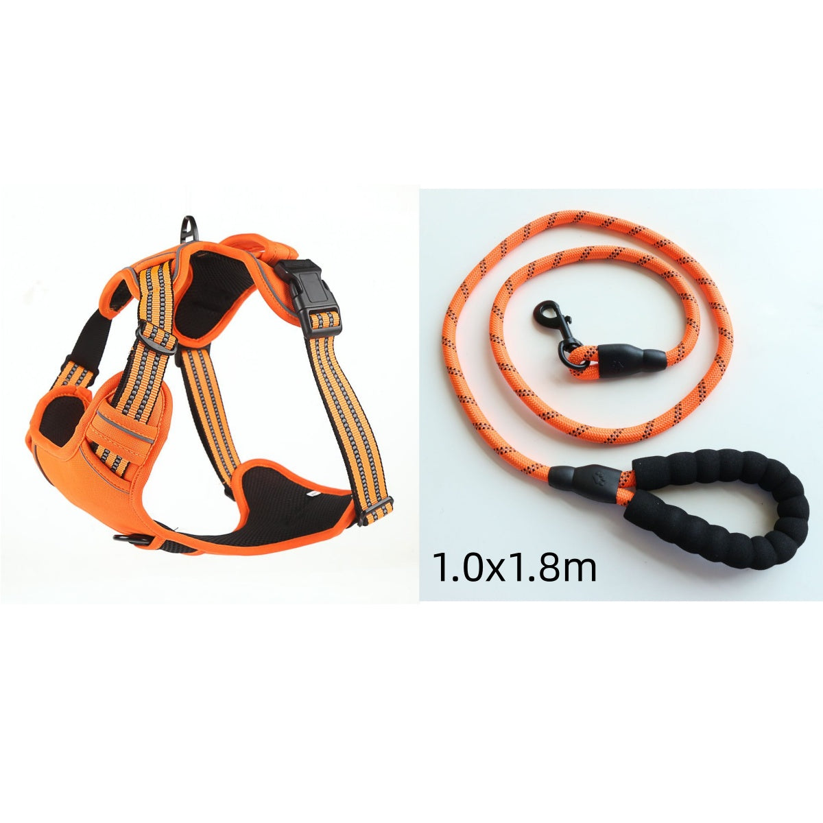 Orange reflective dog harness with rope leash attachment, size M