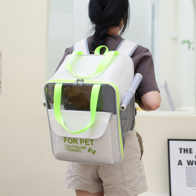 Beige cat carrier backpack with ventilated sides for travel and hiking