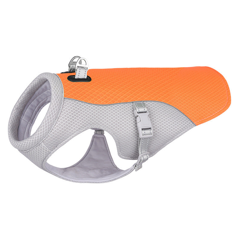 Green dog cooling vest laid flat showing reflective accents