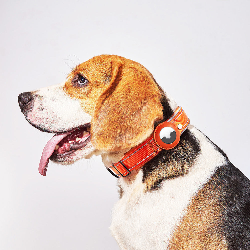 Black nylon AirTag dog collar with leather case GPS tracker holder