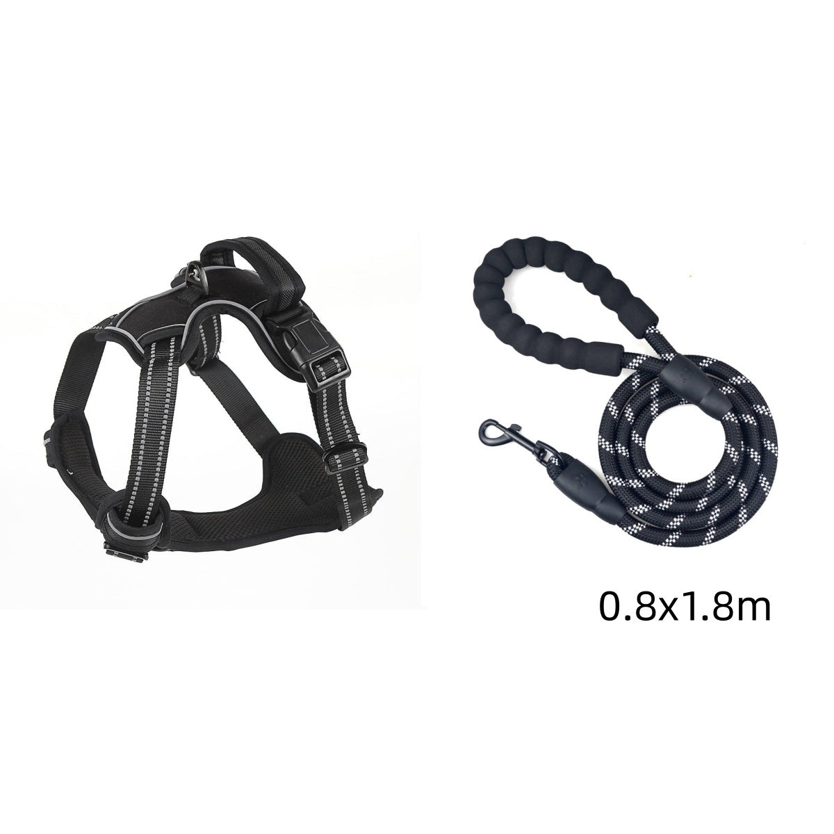 Black reflective dog harness with rope leash attachment, size S