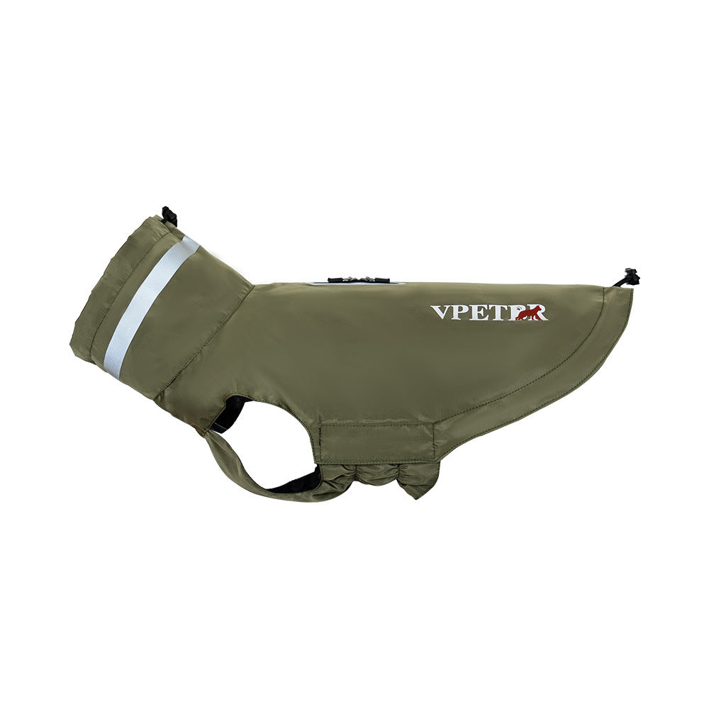 Waterproof dog poncho showing reflective strip detail for night safety