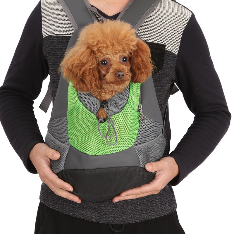 Dog peeking out of ventilated hiking backpack with bungee opening